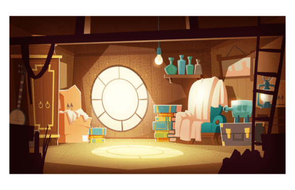 Download House Attic with Old Furniture, Dust Flying in the Air, Cartoon Vector Background - Background Collection